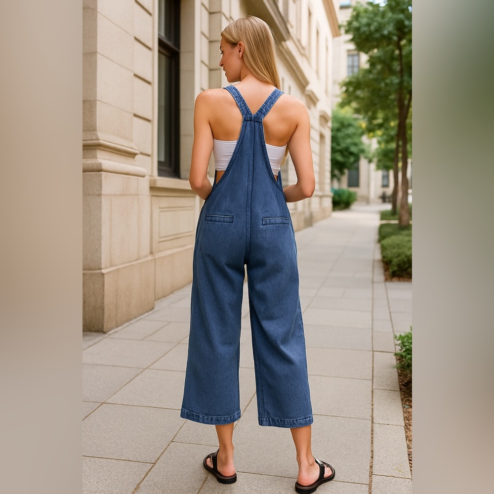 ZENANA ROYAL BLUE KNOT STRAP WIDE LEG CROPPED JUMPSUIT SIZE M - Picture 2 of 9